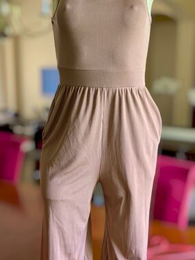 Sleeveless Ribbed Wide-Leg Jumpsuit in Blush